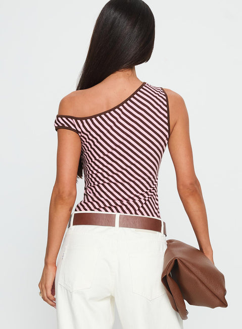 back view of model wearing Princess Polly Ayviana One Shoulder Bodysuit Pink / Brown Stripe Sleeveless Bodysuit 