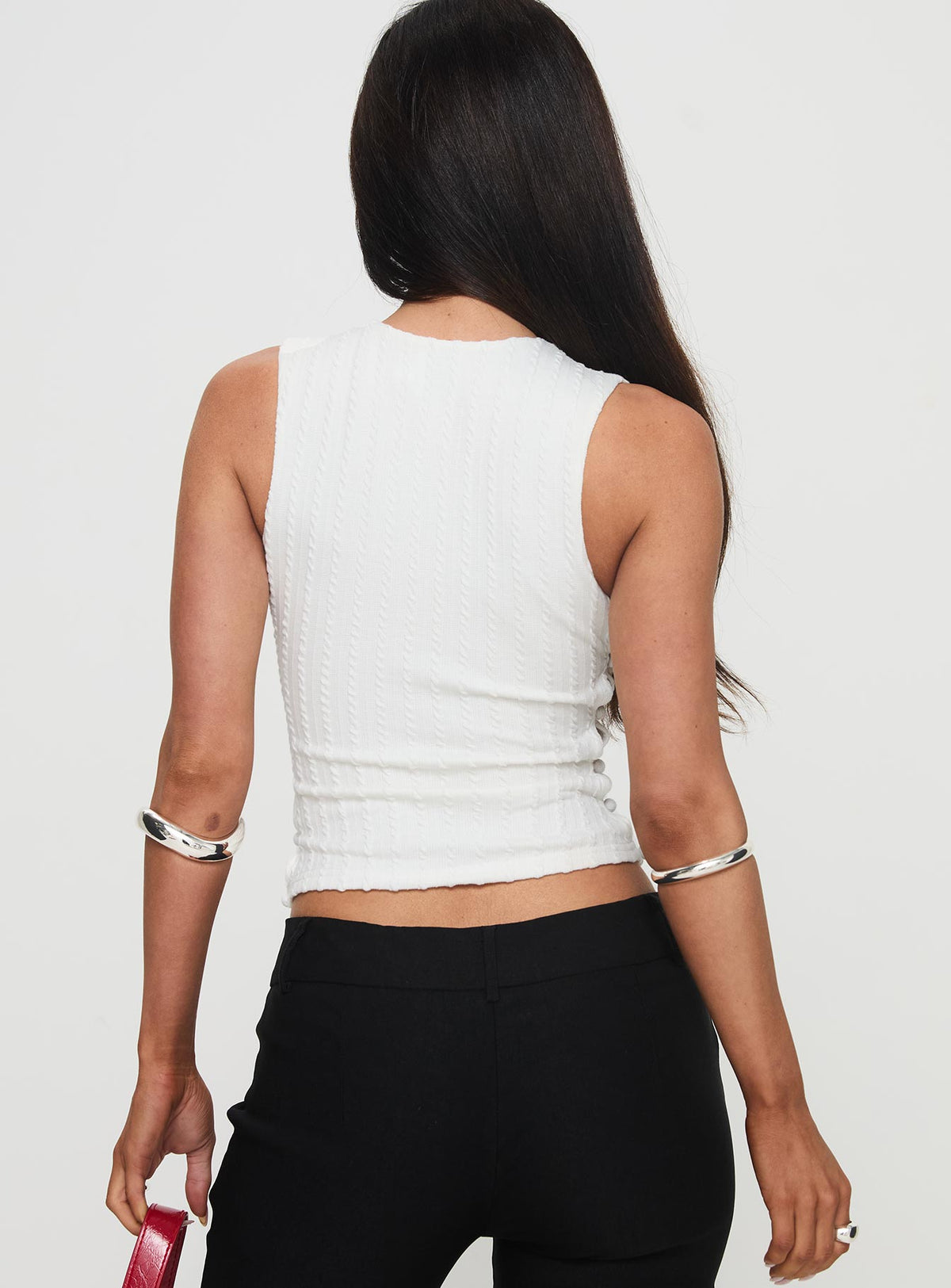 back view of model wearing Princess Polly Yulkie Top White Sleeveless Crew Neck 