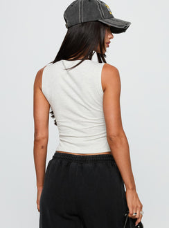 back view of model wearing Princess Polly Bleeker High Neck Top Grey Marle Sleeveless Crew Neck 