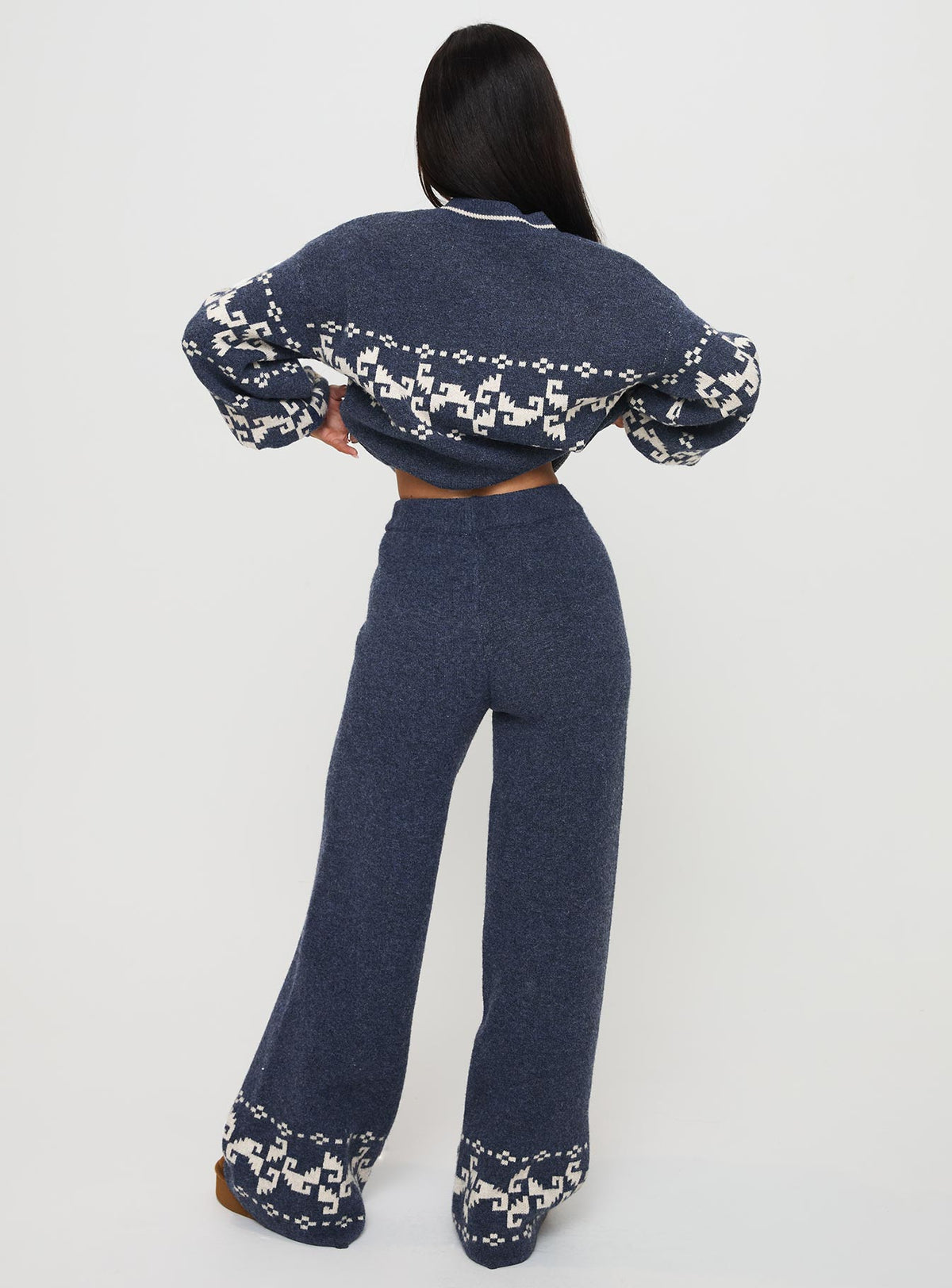 back view of model wearing Princess Polly Alpine Knit Pants Navy / Cream High Rise Pants Pants 