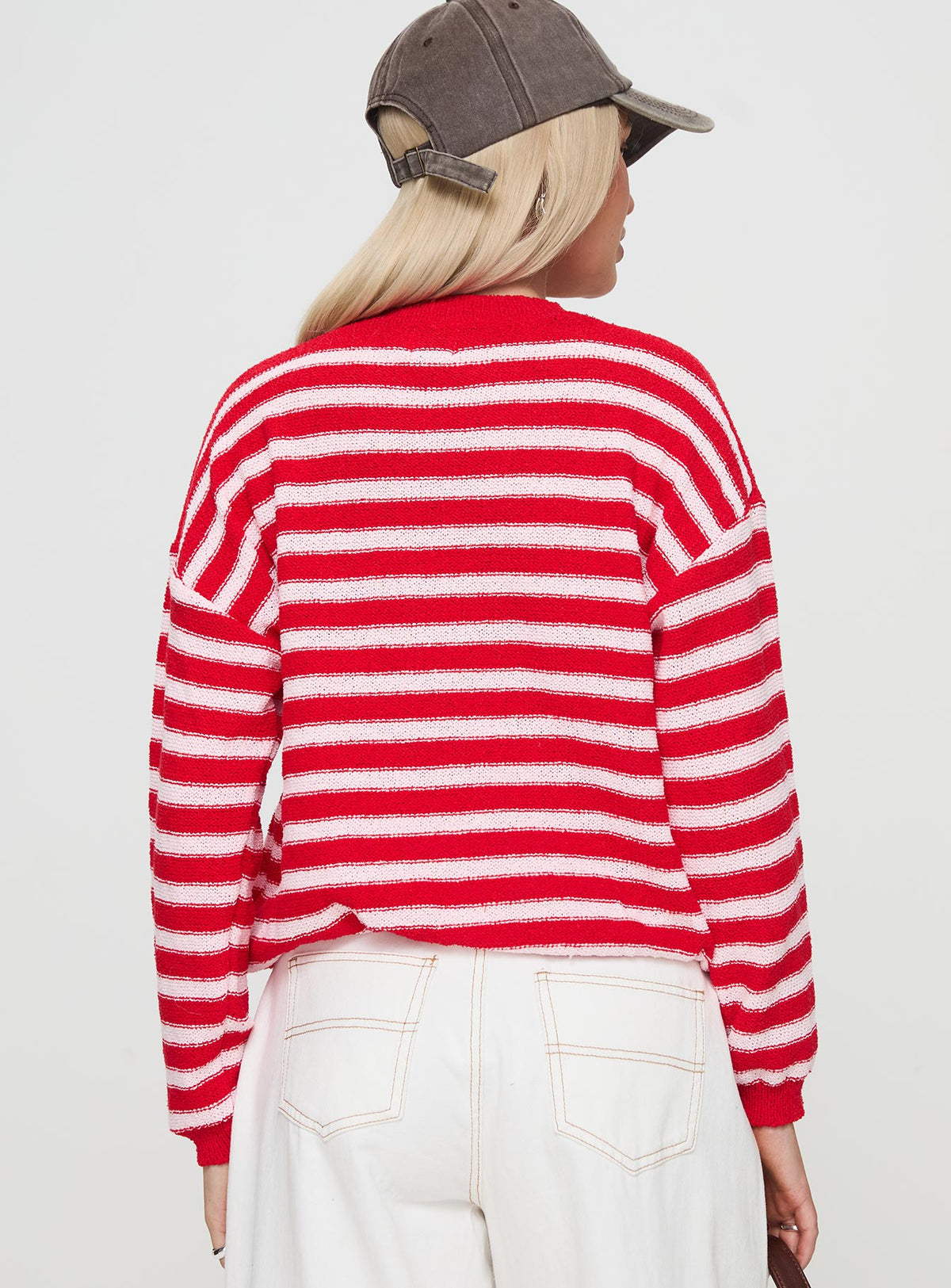 back view of model wearing Princess Polly Freeze Knit Sweater Red Cropped Jumpers Jumpers 
