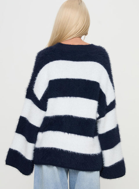 back view of model wearing Princess Polly Nerina Knit Sweater Blue / White Stripe Longline Jumpers Jumpers 