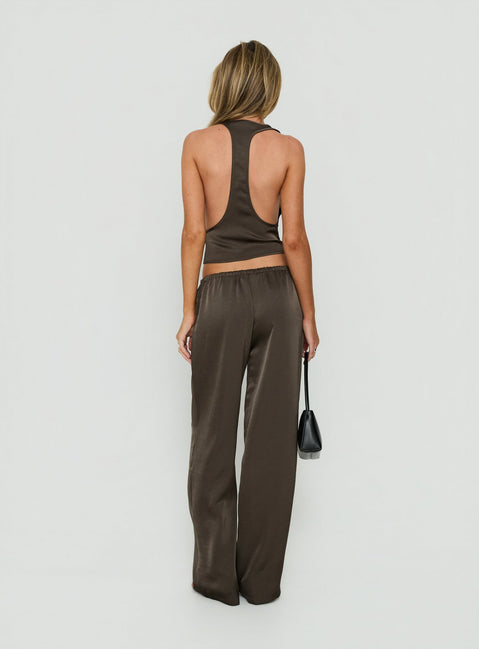 Explore the Dialled Up Tie Waist Satin Pants Mocha in womens regular wide-leg design with mid-rise belt back view of model wearing Princess Polly