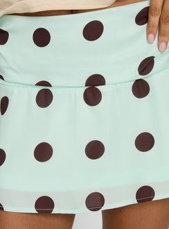 back view of model wearing Princess Polly Elicia Ruched Mini Skirt Mint / Chocolate Polka Dot Mini Skirts Skirts 