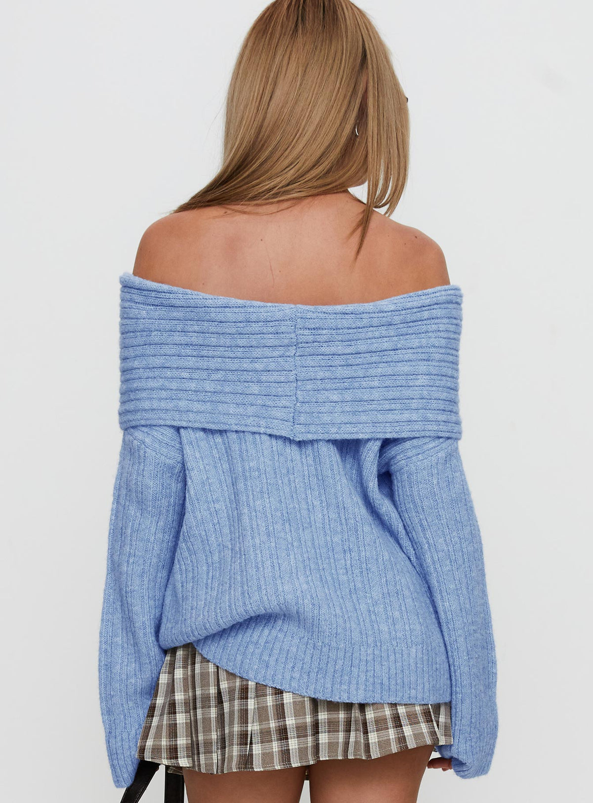 back view of model wearing Princess Polly Snowie Off Shoulder Knit Sweater Blue Longline Jumpers Jumpers 