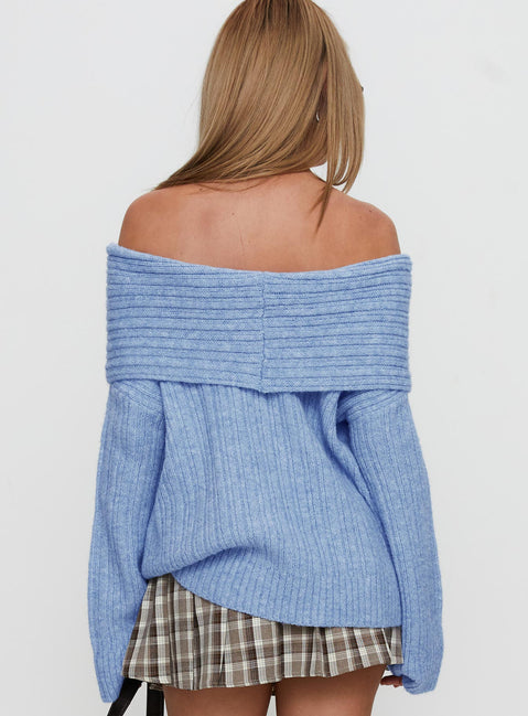 back view of model wearing Princess Polly Snowie Off Shoulder Knit Sweater Blue Longline Jumpers Jumpers 