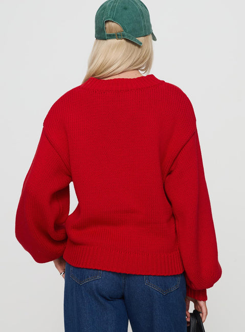 back view of model wearing Princess Polly Harmony Balloon Sleeve Knit Sweater Red Jumpers 