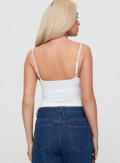 back view of model wearing Princess Polly Evanda Top White Sleeveless Sweetheart 