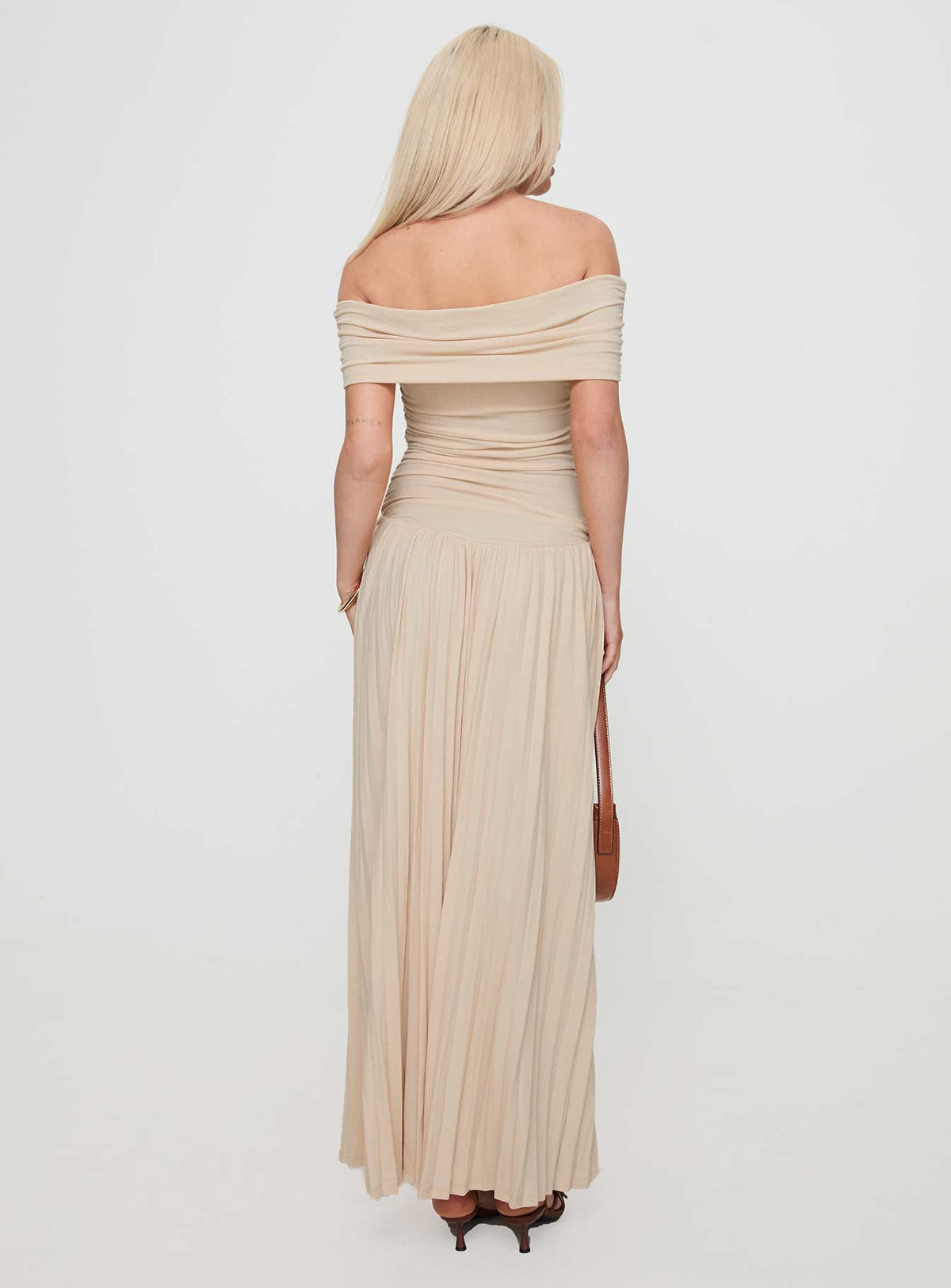 back view of model wearing Princess Polly Field Of Dreams Maxi Dress Oatmeal Straight Neck 