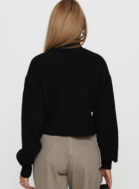 back view of model wearing Princess Polly Sayge Mock Neck Knit Sweater Black cropped Jumpers 