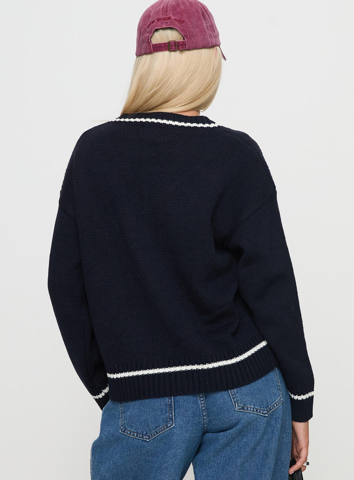 back view of model wearing Princess Polly Covina V Neck Knit Sweater Navy Jumpers 