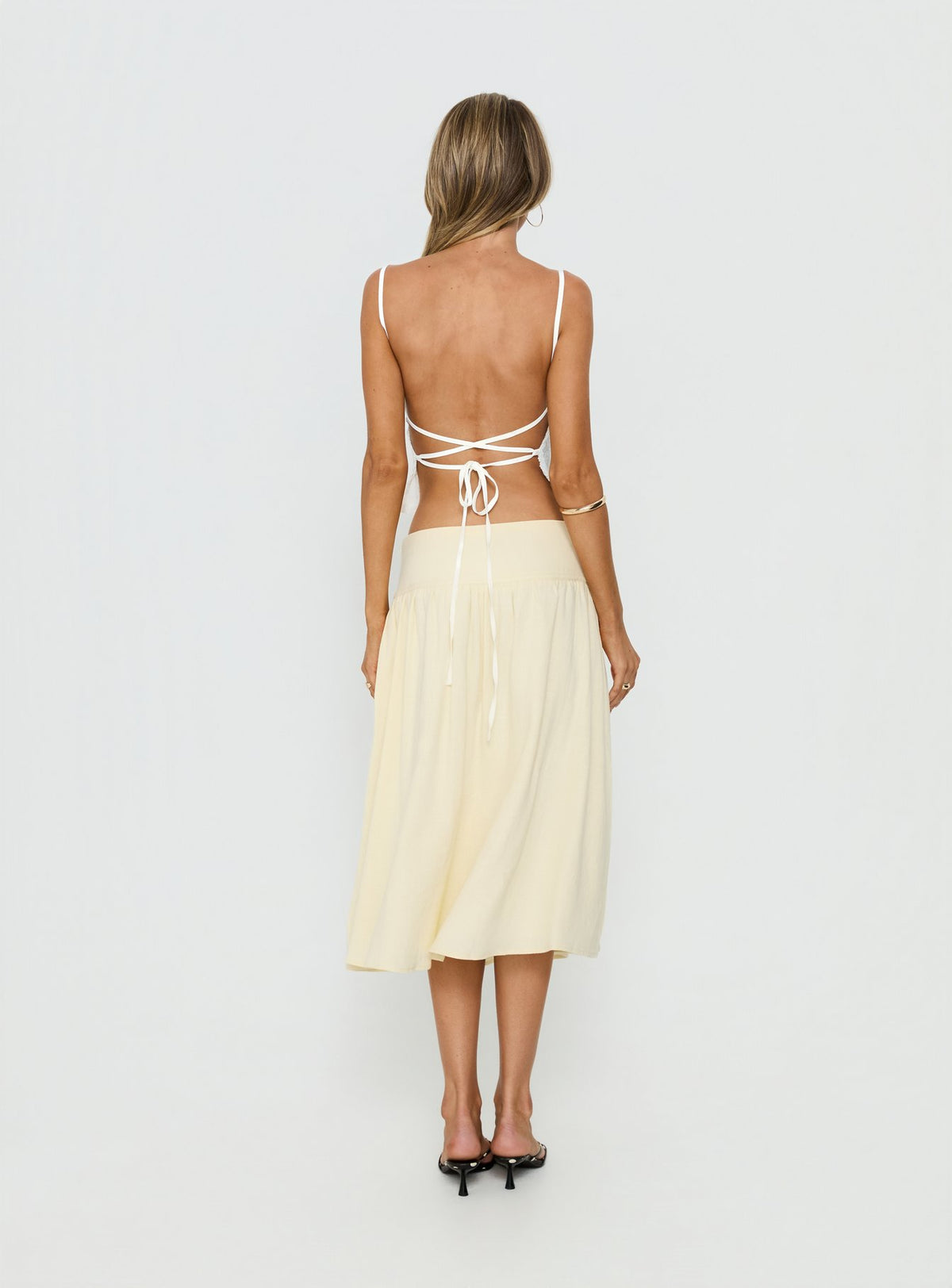 back view of model wearing Princess Polly Heart Of Gold Linen Blend Midi Skirt Lemon Midi Skirts Skirts 