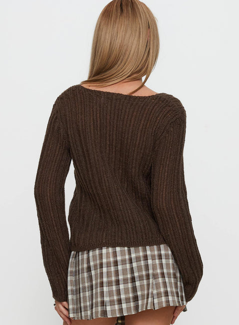 back view of model wearing Princess Polly Lenker Knit Sweater Brown Longline Jumpers Jumpers 