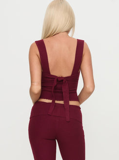 back view of model wearing Princess Polly Mooring Square Neck Top Maroon Sleeveless Square Neck 