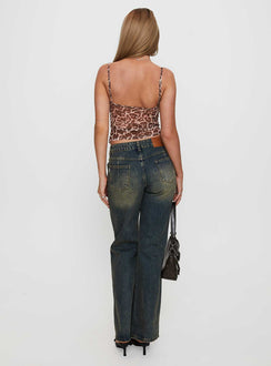back view of model wearing Princess Polly Inverness Pinched Detail Mid Rise Wide Leg Jeans Tea Mid Rise Jeans Jeans 
