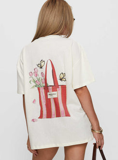 back view of model wearing Princess Polly Princess Polly x Butterfly Foundation Charity Merch Tee Cream Half Sleeves Crew Neck 
