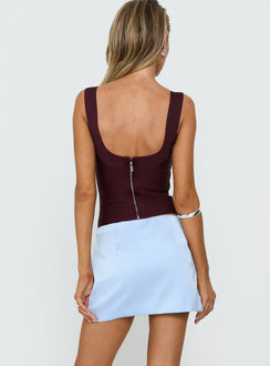 back view of model wearing Princess Polly Nadya Satin Tailored Mini Skirt Ice Blue Mini Skirts Skirts 