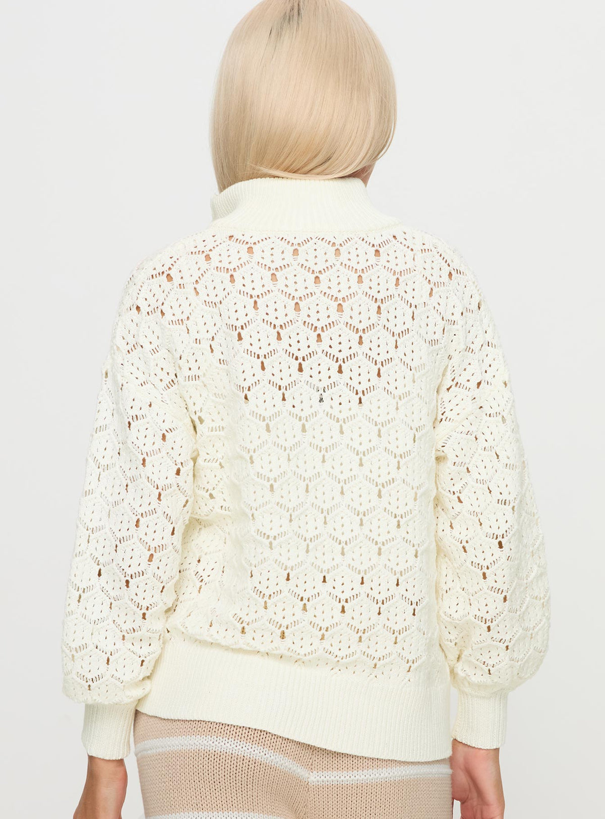 back view of model wearing Princess Polly Sirena Zip Through Knit Sweater Cream Jumpers 
