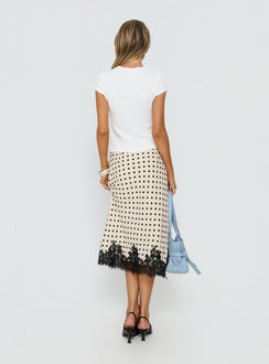 back view of model wearing Princess Polly Downtown Scene Lace Trim Maxi Skirt Cream Polka Midi Skirts Skirts 