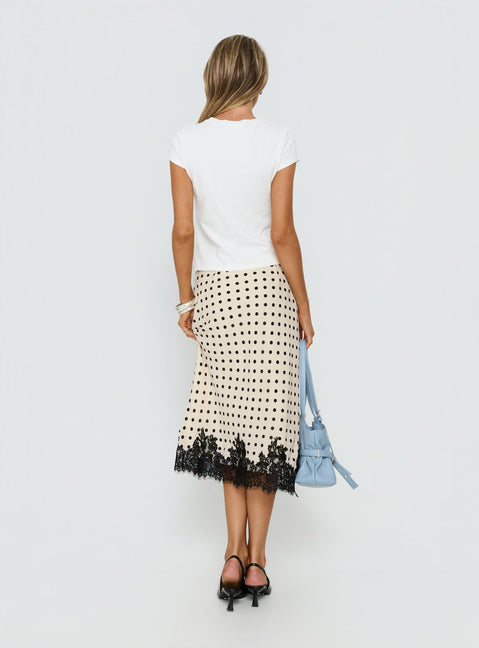 back view of model wearing Princess Polly Downtown Scene Lace Trim Maxi Skirt Cream Polka Midi Skirts Skirts 