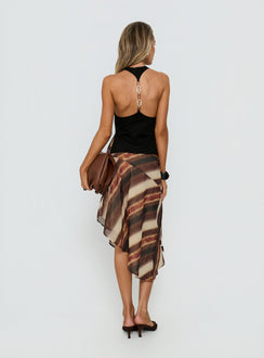 Introducing the Esmira Asymmetrical Midi Skirt Brown Stripe Tall in womens-skirts with midi length back view of model wearing