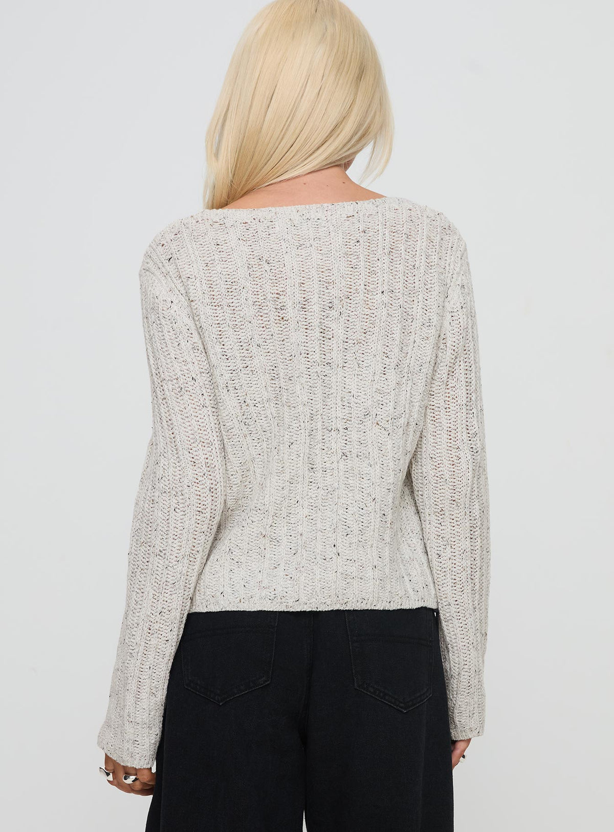 back view of model wearing Princess Polly Lenker Knit Jumper Grey Longline Jumpers Jumpers 