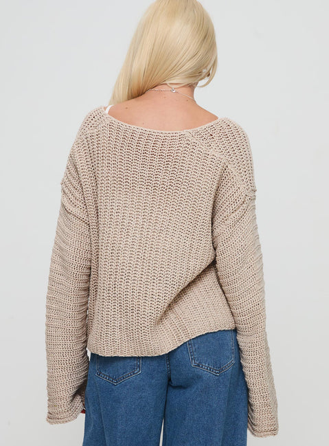 back view of model wearing Princess Polly Maela Knit Cardigan Mocha Cropped Jumpers Jumpers 