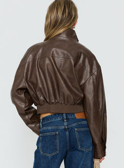 Ace Player Funnel Neck Faux Leather Jacket Brown Petite