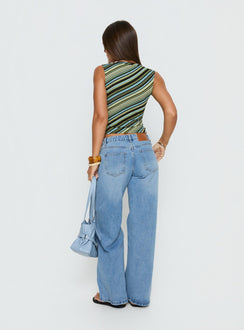 back view of model wearing Princess Polly Ramos Low Rise Wide Leg Denim Jeans Bright Blue Wash Mid Rise Jeans Jeans 