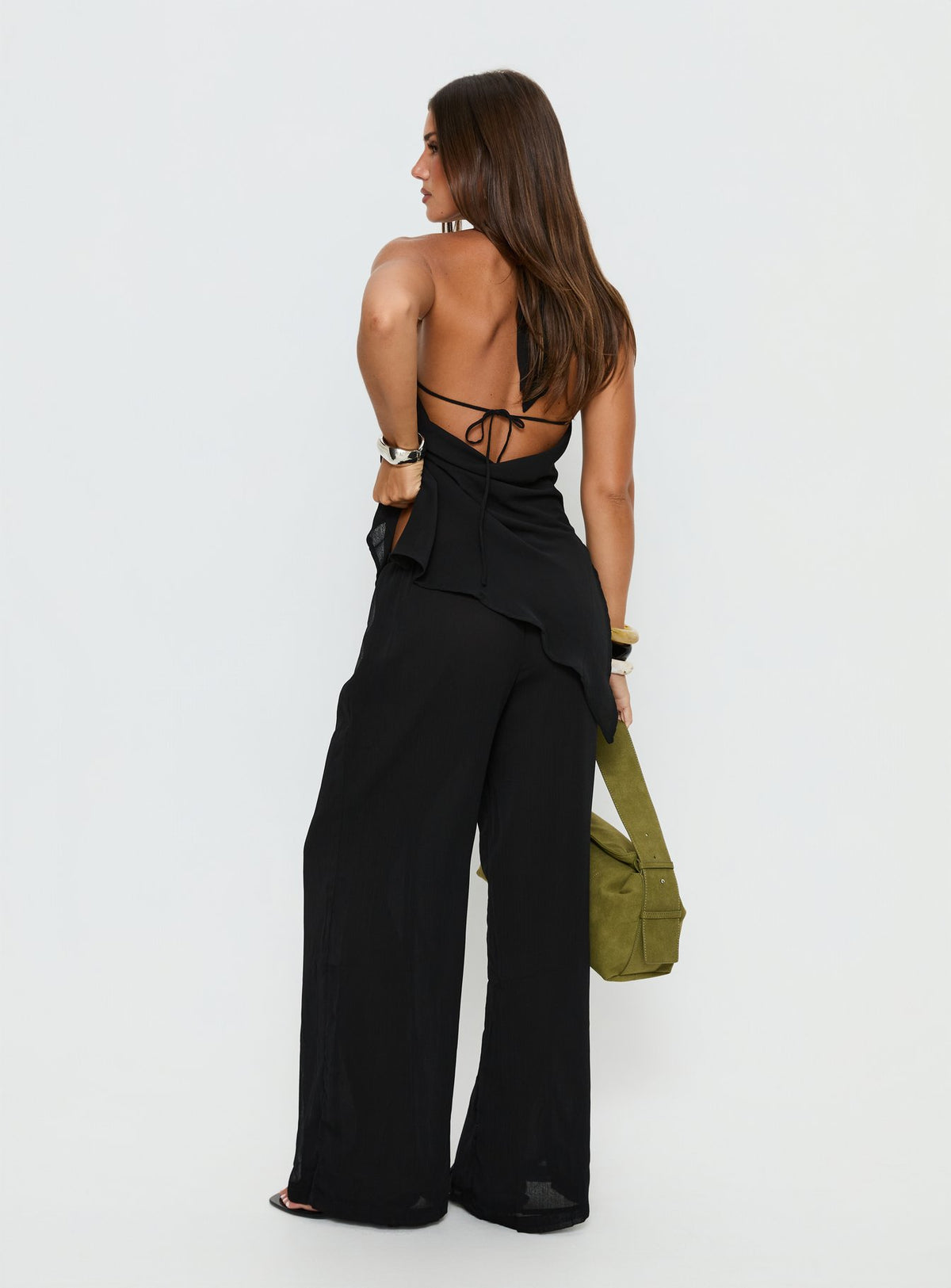 back view of model wearing Princess Polly Emorisa Mid Rise Chiffon Pant Black Mid Rise Pants Pants 