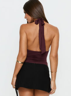 back view of model wearing Princess Polly Leave Me Alone Plunge Halter Bodysuit Burgundy Sleeveless Bodysuit 