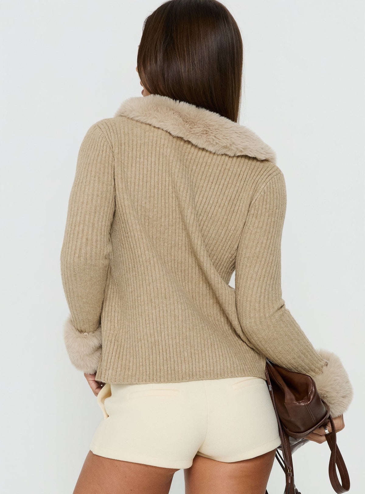 Styled in Gisele Faux Fur Trim Long Sleeve Sand womens jumpers with short length back view of model wearing Princess Polly