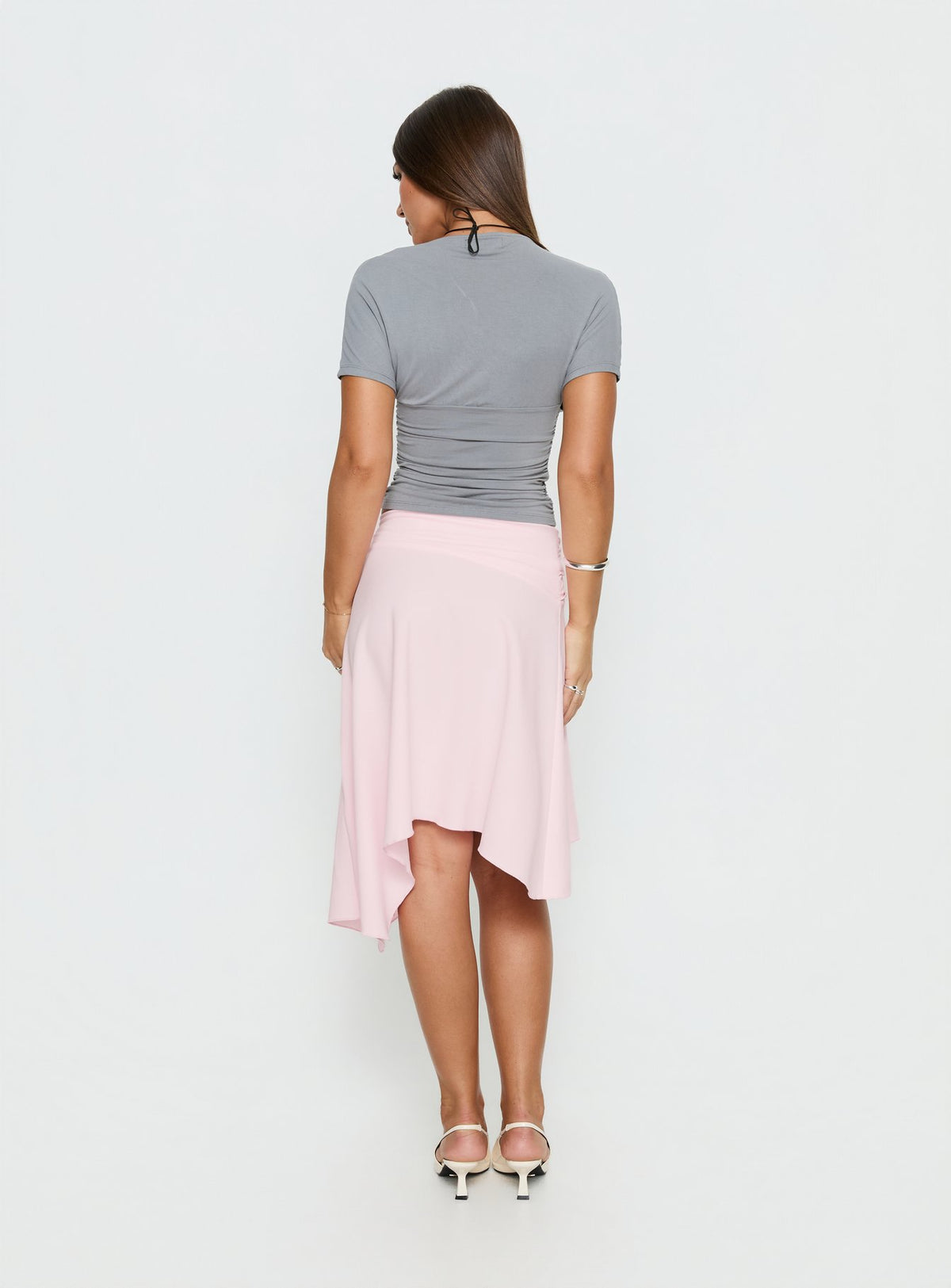 back view of model wearing Princess Polly Ismora Asymmetrical Midi Skirt Pink Skirts 