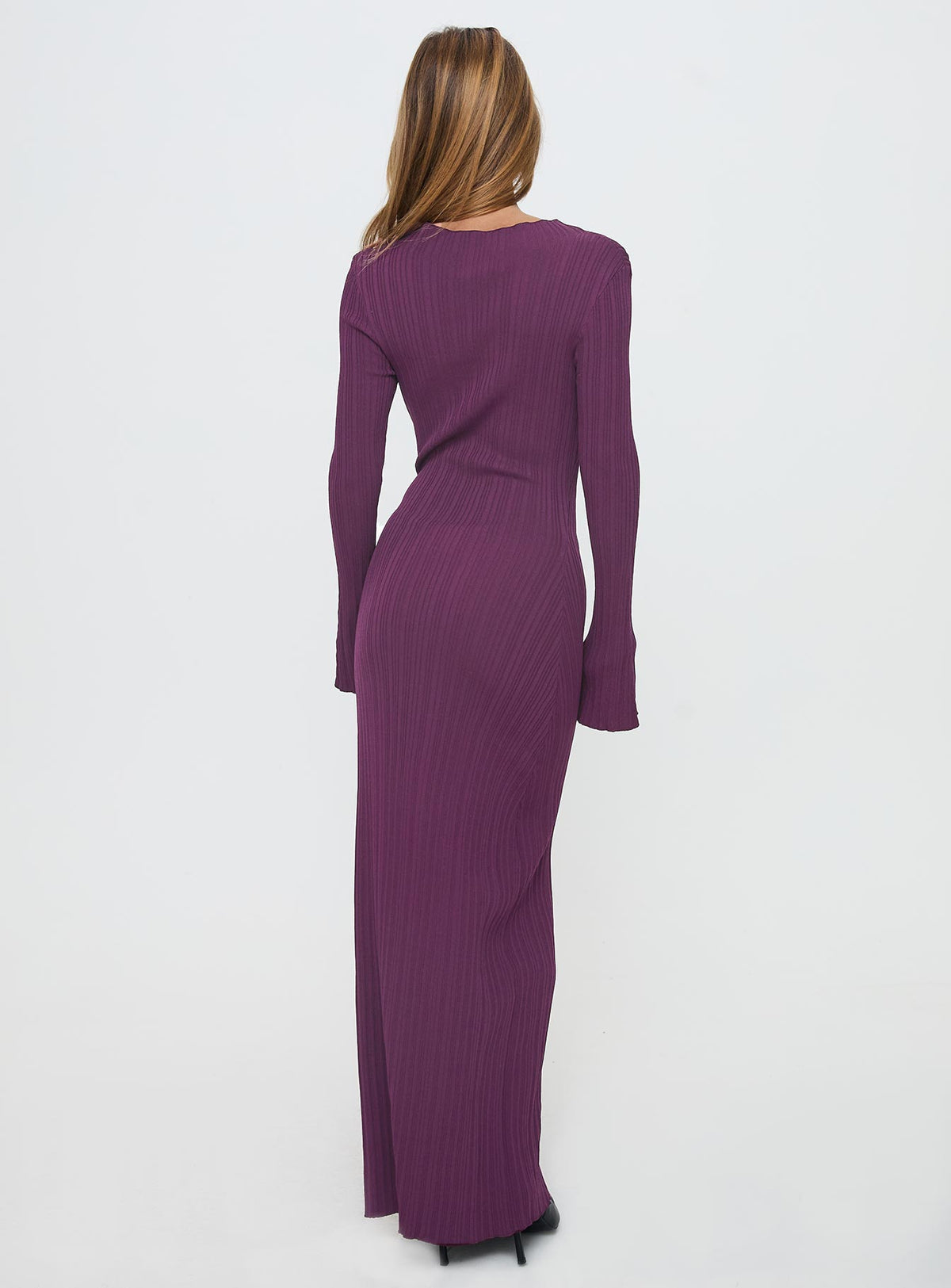 back view of model wearing Princess Polly Tesley Long Sleeve Maxi Dress Burgundy Crew Neck 