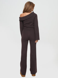 back view of model wearing Princess Polly Sina Off The Shoulder Top Chocolate Tall Full Sleeves Asymmetric Neckline 