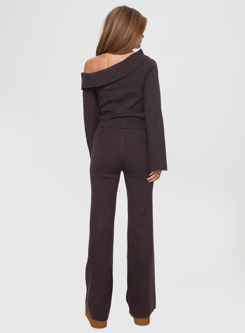 back view of model wearing Princess Polly Sina Off The Shoulder Top Chocolate Tall Full Sleeves Asymmetric Neckline 
