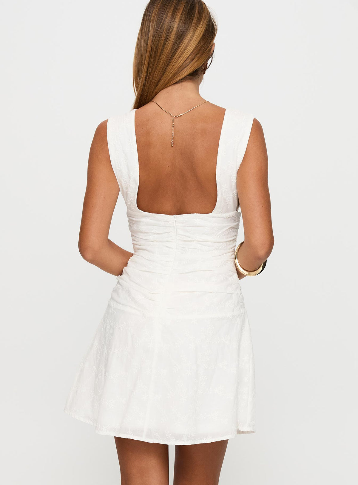 back view of model wearing Princess Polly Everelle Ruched Embroidered Mini Dress White Plunger 