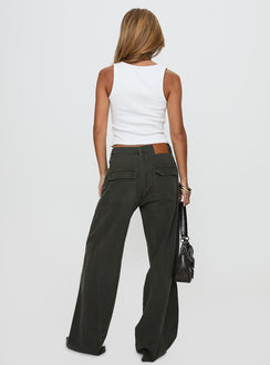 back view of model wearing Princess Polly Bruiser Tie Waist Mid Rise Wide Leg Jeans Green High Rise Jeans Jeans 