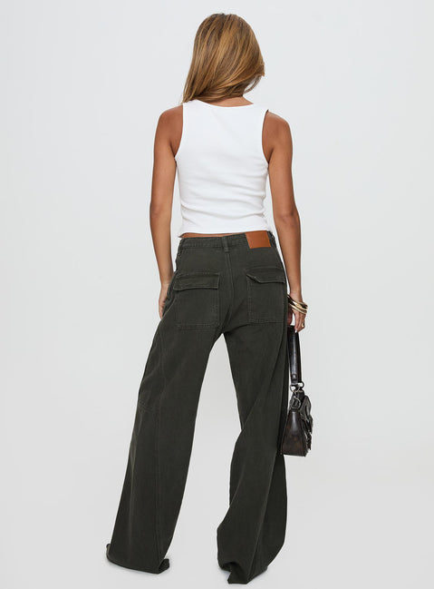 back view of model wearing Princess Polly Bruiser Tie Waist Mid Rise Wide Leg Jeans Green High Rise Jeans Jeans 