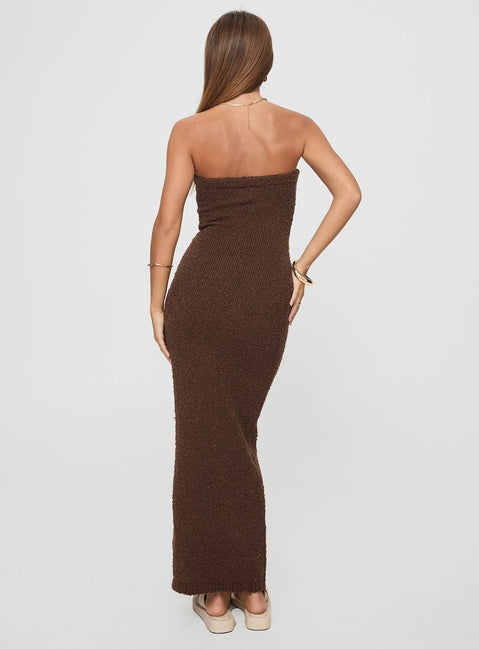 back view of model wearing Princess Polly Cloud Strapless Boucle Maxi Dress Chocolate Straight Neck 