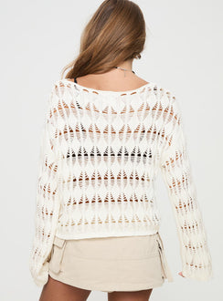 back view of model wearing Princess Polly Mistic Knit Sweater Cream Cropped Jumpers Jumpers 