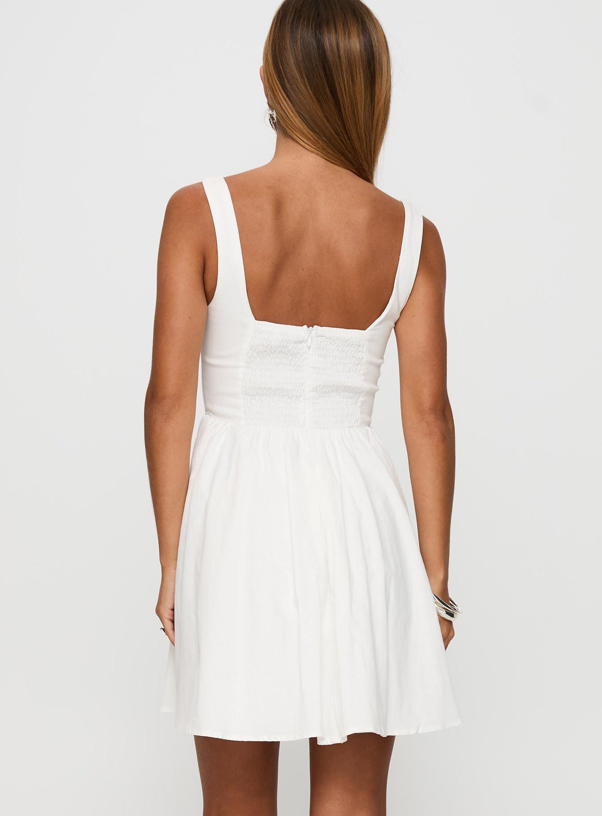 back view of model wearing Princess Polly Martie Mini Dress White Scoop Neck 