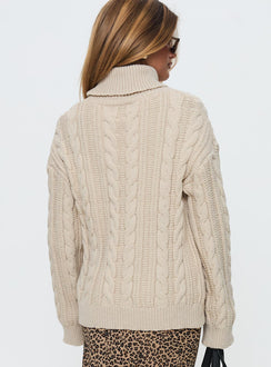 back view of model wearing Princess Polly Bryden Turtleneck Cable Knit Sweater Beige Longline Jumpers Jumpers 