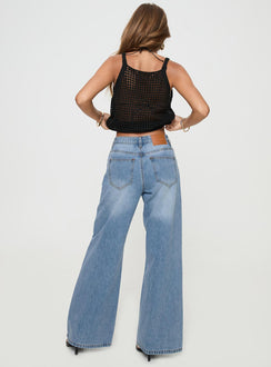 back view of model wearing Princess Polly Colemane Mid Rise Flared Jeans Angel Blue High Rise Jeans Jeans 