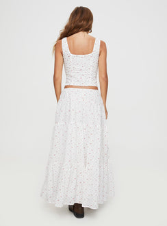 back view of model wearing Princess Polly Cherry On Top Maxi Skirt White Floral Midi Skirts Skirts 
