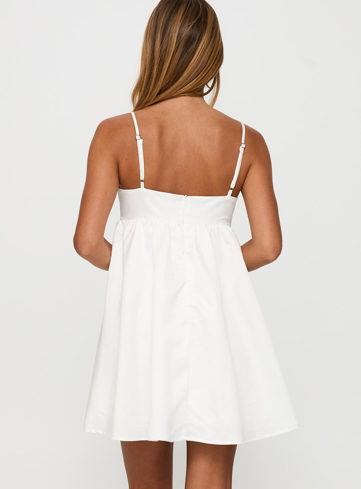 back view of model wearing Princess Polly Wilmina Mini Dress White Sweetheart Neckline 