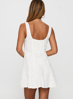 back view of model wearing Princess Polly You Can Embroidered Mini Dress White Square Neck 