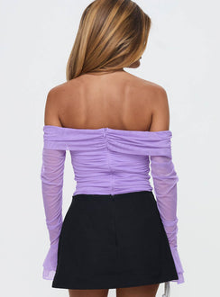 back view of model wearing Princess Polly Feel A Way Off Shoulder Bodysuit Lilac Long Sleeve Tops Bodysuit 