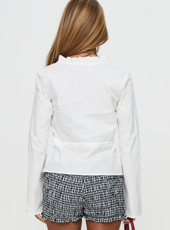back view of model wearing Princess Polly Harloe Ruched Tie Up Long Sleeve Top White Full Sleeves V-Neck 