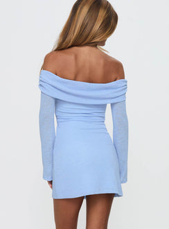 back view of model wearing Princess Polly Stellaire Long Sleeve Mini Dress Blue Straight Neck 